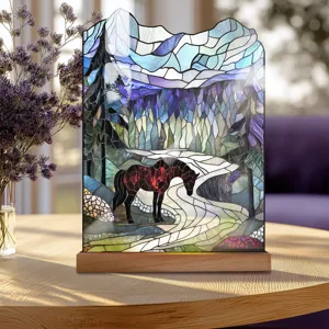 Stained glass style acrylic horse desktop ornament with wood base for home decor.