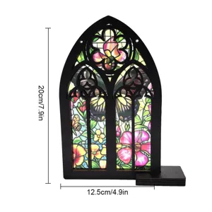 Gothic arched wooden stained glass window decor, floral butterfly display wall hanging.