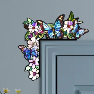 Adesivo angolare per porta in legno farfalla fiore vetrata, accessorio decorativo.