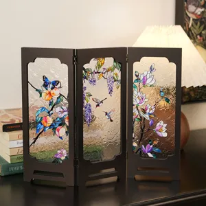 Vintage stained glass miniature folding screen desktop ornament retro home decor accent piece