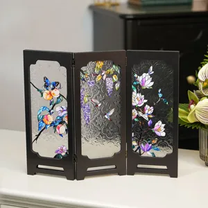 Miniature stained glass tabletop screen with floral and bird patterns for home decor.