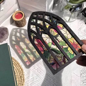 Wooden stained glass window ornament tabletop hanging decor floral translucent fake window panel