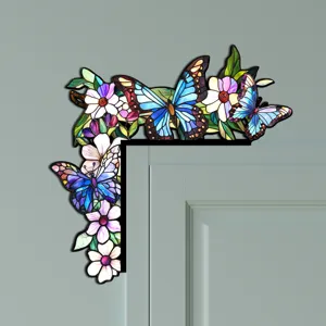 Sticker angolare per porta con farfalla in vetro, decorazione murale floreale a L.