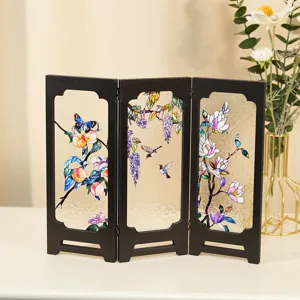 Retro mini stained glass folding screen desktop ornament floral bird decorative piece.