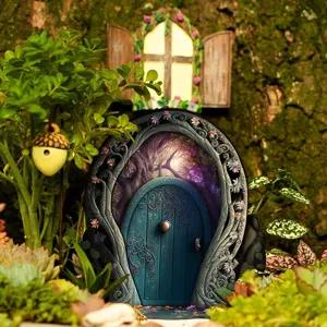 Miniatuur sprookjes houten deur en raam set, perfect voor buiten boom en tuindecoratie.