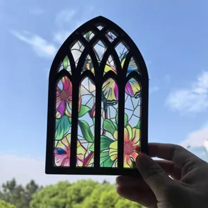 Gothic wooden stained glass window ornament, light-transmitting floral home decor.