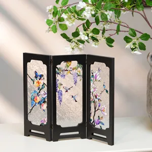 Miniature 3-panel folding screen desktop decoration with vintage faux embossed glass floral design