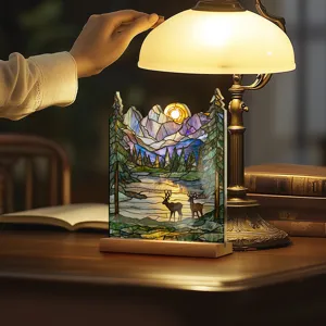 Stained glass style acrylic desktop ornament scene, showing scenic mountain and deer art detail.