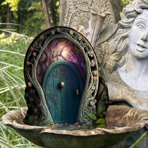 Houten sprookjestuin deur ornament, magische elf boog decoratie voor buiten tuin en gazon.