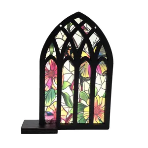 Stained glass style wooden arch window ornament, floral translucent tabletop decor piece.