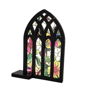 Gothic arch wooden window decor with stained glass floral pattern for desktop tabletop display.