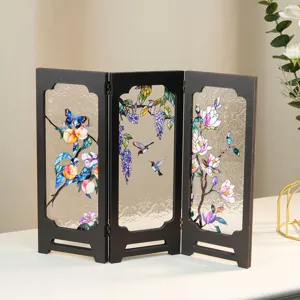 Miniature glass folding screen detail, vintage tabletop decor ornament with floral design.