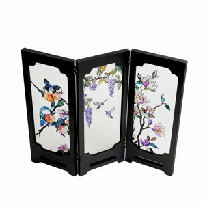 Vintage miniature folding screen with embossed floral glass panels for desktop home decor.