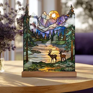 Stained glass style acrylic desktop ornament featuring a scenic mountain landscape with deer.