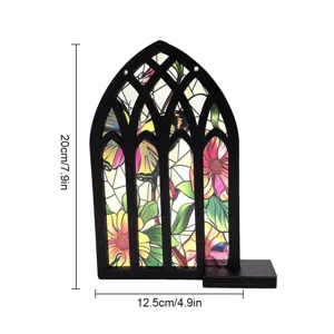 Gothic arched wooden window decor with stained floral glass, table top display piece.