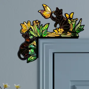 Sticker per angolo porta gatto farfalla decorativo stile vetrate decorazione parete legno