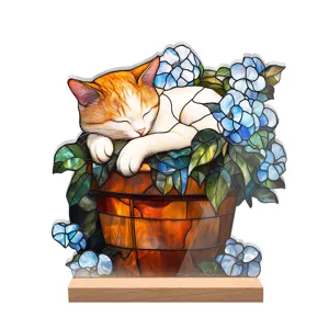 Stained glass style acrylic cat sleeping in flower pot desktop ornament home decor gift