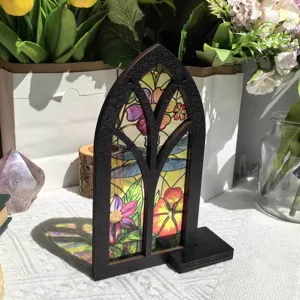 Wooden stained glass arch window desktop ornament gothic floral home decor table display