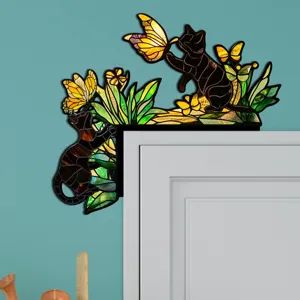 Adesivo per angolo porta gatto e farfalla in vetro colorato arte decorativa a L per casa