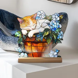 Acrylic sleeping cat stained glass style desktop ornament detail view, lovely floral design.