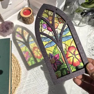 Wooden stained glass window hanging decor, floral dragonfly translucent panel detail.
