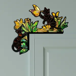 Adesivo per angolo porta gatto e farfalla in vetro colorato ornamento acrilico.
