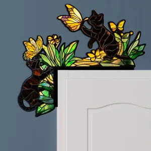 Adesivo angolare per porta gatto e farfalla stile vetrata, decorazione per cornice.