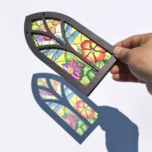 Translucent wooden hanging decor with stained glass style floral and dragonfly pattern.
