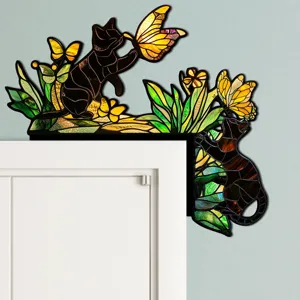 Adesivo per angolo porta gatto e farfalla in stile vetrata, decorazione creativa per cornice della porta.