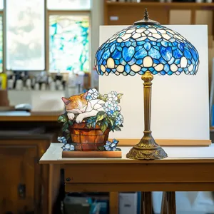 Tiffany Style Stained Glass Table Lamp Acrylic Cat Desktop Ornament Home Decor
