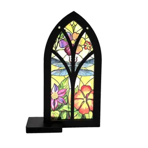 Gothic arch stained glass dragonfly wooden ornament detail view for home desktop decor