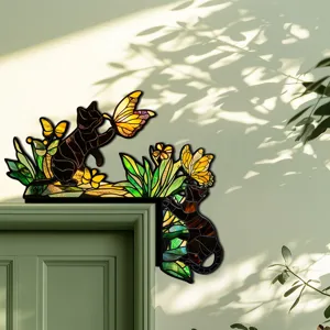 Adesivo per angolo porta gatto e farfalla stile vetrate artistiche decorazione casa