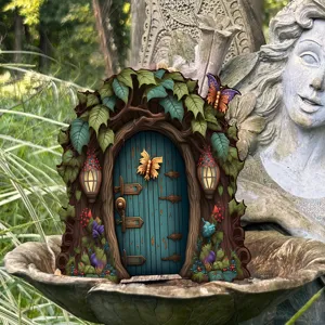 Houten elfendeur tuindecoratie buiten boom sculptuur magisch elfenhuis ornament decor