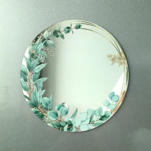 Espejo de acrílico decorativo redondo para casillero con hojas de eucalipto y líneas doradas.