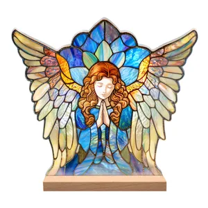 Stained glass style angel acrylic ornament, elegant desktop decor with wood base.