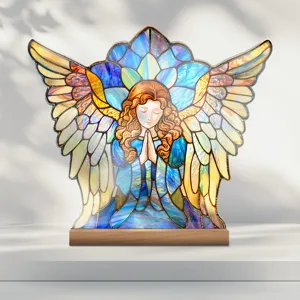 Stained glass style acrylic praying angel desktop ornament with natural wood base for home decor