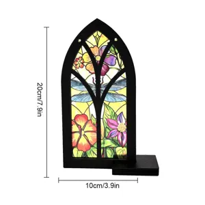 Wooden stained glass style arch window tabletop ornament with dragonfly and floral pattern decor.