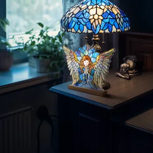 Stained glass style acrylic angel desktop ornament with wooden base for home decor display.