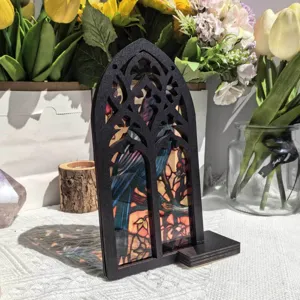 Translucent wooden gothic window ornament home desktop decor fake window display item