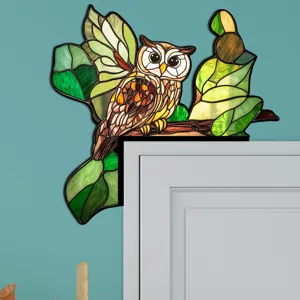 Decorazione angolo porta gufo in vetro colorato, adesivo acrilico per parete e cornice porta.