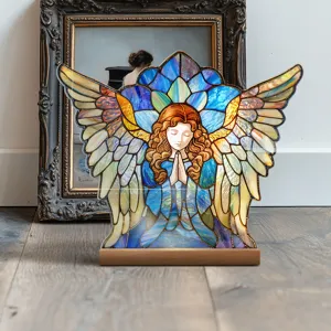Stained glass style acrylic praying angel desktop ornament with wood base for home decor