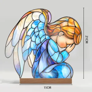 Stained glass acrylic praying angel desktop ornament with wooden base for home decor