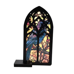 Gothic stained glass raven window ornament with wooden frame and desktop stand, home decor.