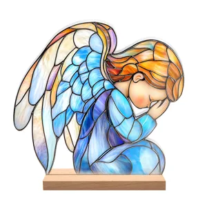 Stained glass style angel acrylic ornament, praying angel desktop decor with wood base