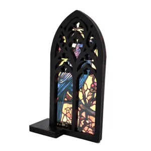Wooden arched stained glass window decor ornament for tabletop display and home decoration.