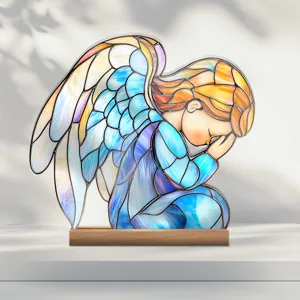 Stained glass style angel acrylic desktop decoration with wooden base for home decor.