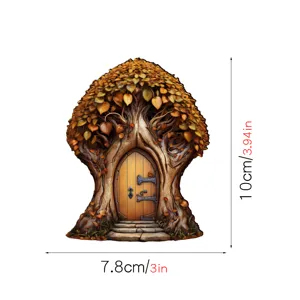 Houten sprookjesdeur detail, herfstbladontwerp, miniatuur buiten tuindecoratie ornament.