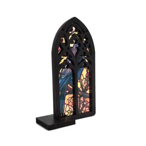 Gothic arch wooden window ornament with stained glass crow pattern, home decor desktop display.