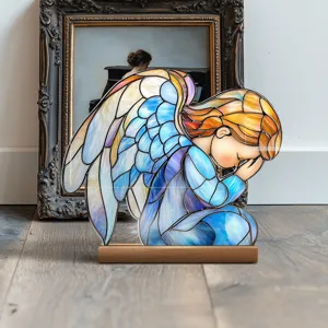 Stained glass style acrylic praying angel desktop ornament with wooden base for home decor.