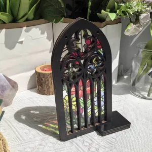 Wooden gothic arched window decor, translucent floral design desktop ornament for home display.